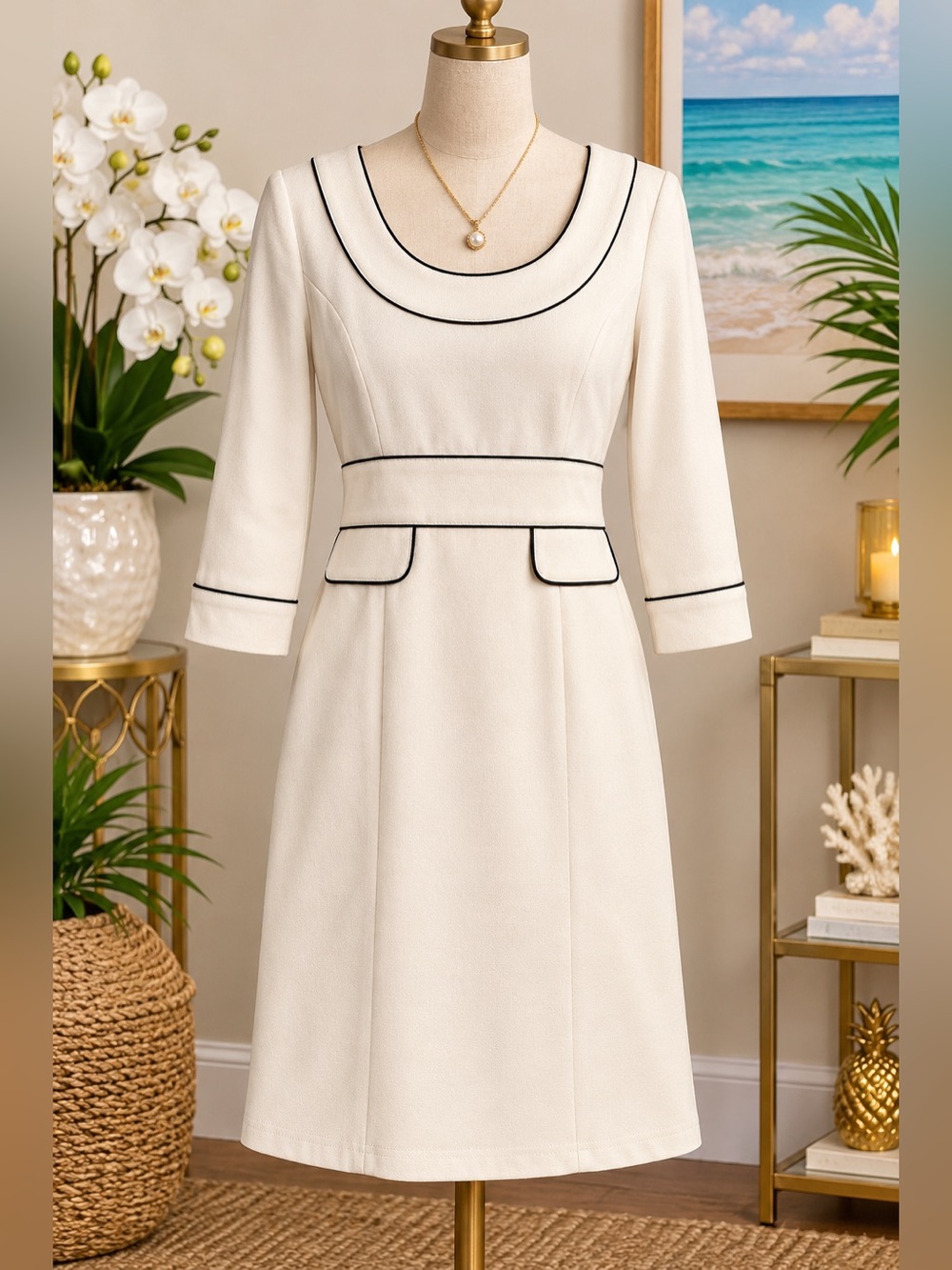 Vertigo Paris Cream Midi Dress with Black Piping